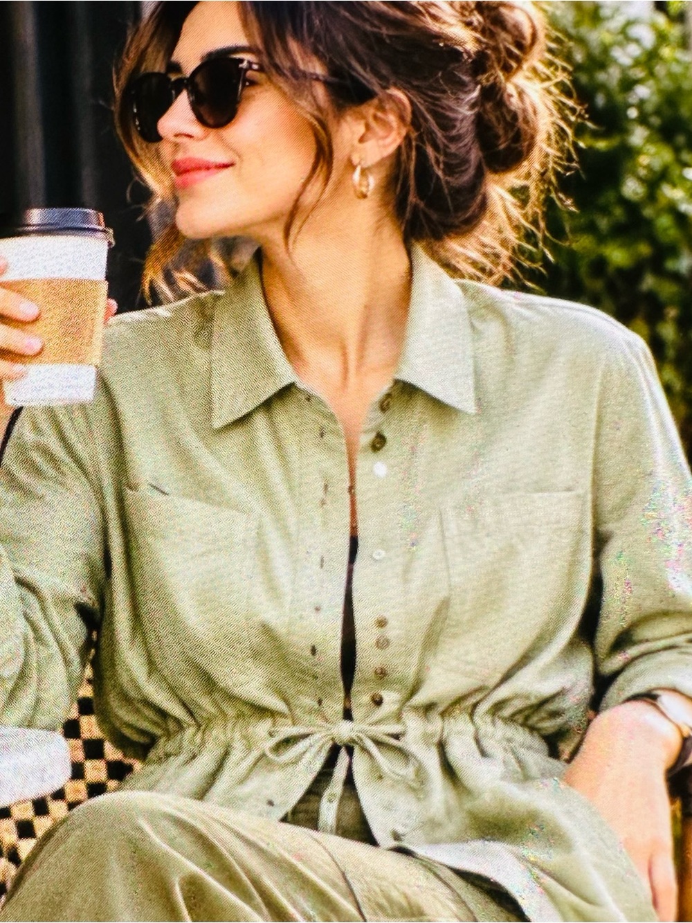Elegant 70% Korean modsColdwater Creek Olive Green Button-Front Drawstring Shirt